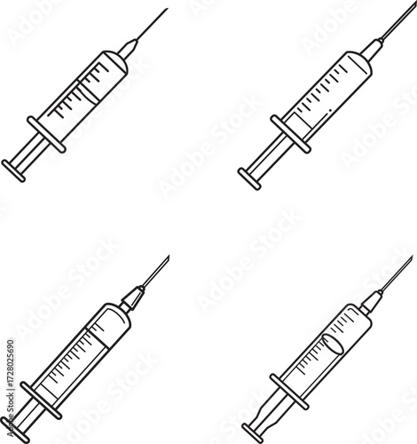 Four hand drawn illustrations of medical syringes with needles on a white background