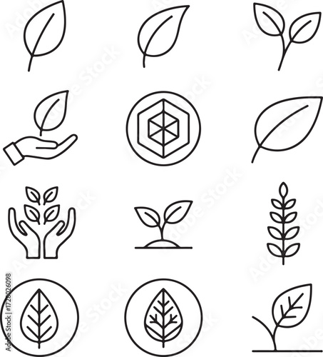 Minimalist Eco-Icons: A visually appealing collection of minimalist eco-friendly icons, illustrating themes of nature, growth, and sustainability in a clear and concise manner.