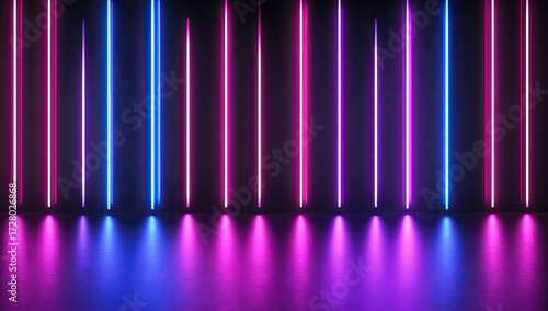 Neon lights in vibrant pink and blue, creating a stage-like setting