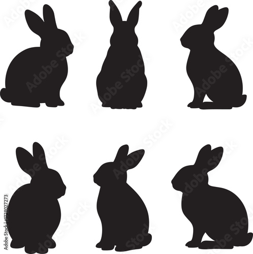 Six black silhouette rabbits posed in various positions on a white background