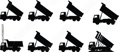 Dump truck silhouette, heavy vehicle, construction equipment, cargo transport lorry, industrial dumper, sand carrier, mining truck, earthmover, tipping truck illustration