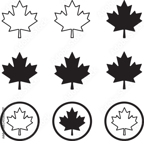 Maple Leaf Design Variations: A collection of maple leaf designs, showcasing both outline and solid filled variations, ideal for illustrating themes related to Canada, nature, and symbolism.