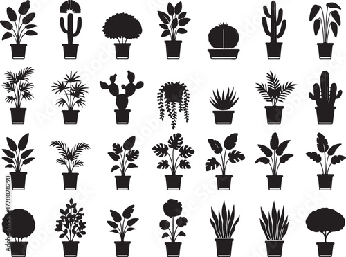 Collection of Potted Plants: A diverse collection of potted plants showcases various shapes, sizes, and forms. Each silhouette is rendered with crisp, clean lines.