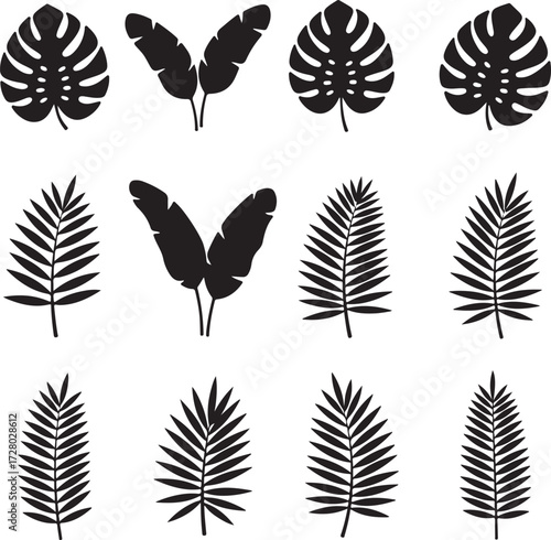 Tropical Foliage Silhouette: A collection of elegant, hand-drawn silhouettes of tropical foliage, with exquisite detailing, conveying a sense of exoticism, allure.