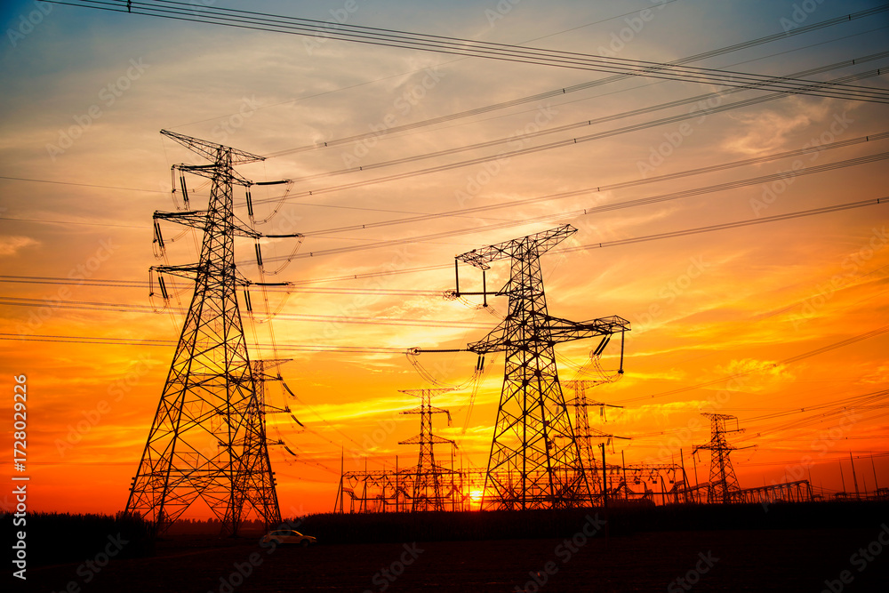 Fototapeta premium Pylon, high-voltage tower sky background.