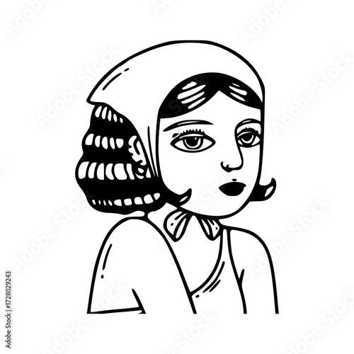 vintage woman head scarf portrait line art