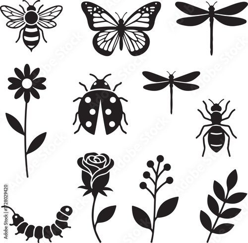 Whimsical Nature's Ensemble: A charming, artistic compilation of nature's finest, where intricate silhouettes of bees, butterflies, dragonflies, flowers, ladybugs, ants, caterpillars, roses.