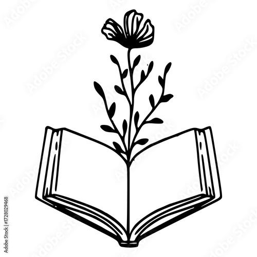open book with growing flower line art