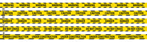 Caution tape set of yellow warning ribbons. Warning, danger, caution, do not cross, under construction tape. Police tape.