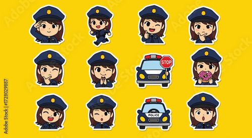 Adobe illustrator artwork vector illustration set of eight cute female police officer characters.