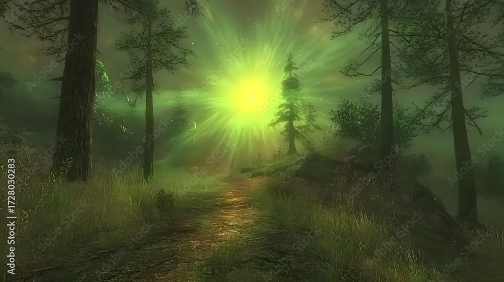 Fototapeta premium Enchanted Forest Path Green Light Mystical Fantasy Landscape