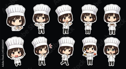 Adobe illustrator artwork vector illustration set of eight cute female chef characters.