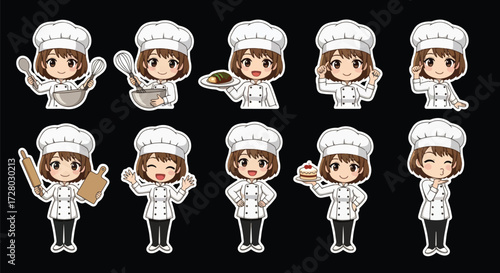 Adobe illustrator artwork vector illustration set of eight cute female chef characters.