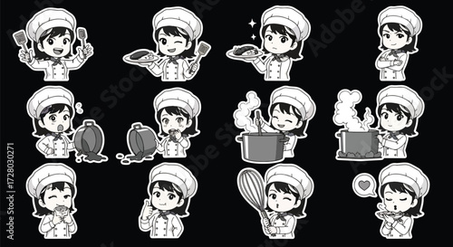 Adobe illustrator artwork vector illustration set of eight cute female chef characters.