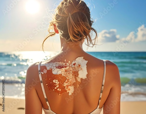 Painful Paradise - A Womans Severe, Peeling Sunburn on a Sun-Drenched Tropical Beach.