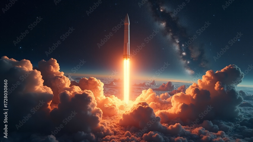 Obraz premium Rocket Launching Through Clouds Into Space