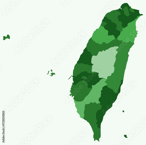 Map of Taiwan with regions. Just a simple country border map with region division. Green color palette. Plain Taiwan shape with administrative division. Vector illustration.