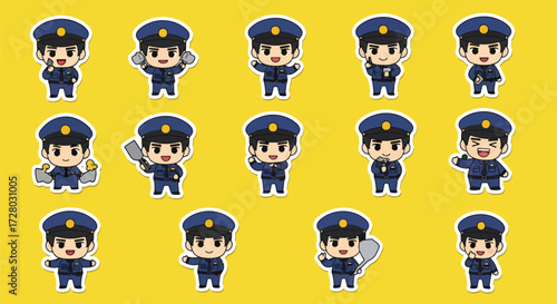 Adobe illustrator artwork vector illustration set of fifteen cute male police officer characters