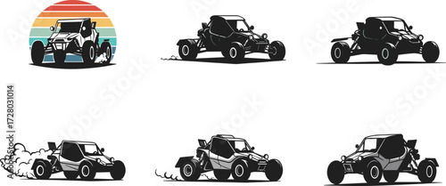 Dune buggy silhouette, offroad desert car, sand racing vehicle, extreme motorsport design, adventure ride illustration, powerful buggy graphic, outdoor racing machine