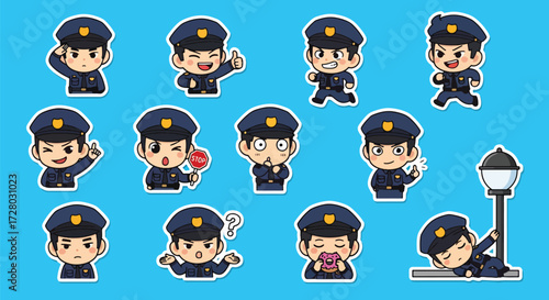 Adobe illustrator artwork vector illustration set of fifteen cute male police officer characters
