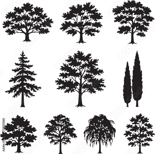 Diverse Tree Silhouettes: A collection of nine various tree silhouettes, showcasing the elegant forms of nature, suitable for design or illustrative use.