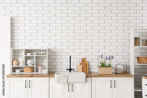 Modern white kitchen interi...