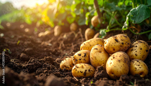 Golden Harvest: A close-up perspective of freshly harvested potatoes, bathed in sunlight, resting on rich, dark soil within a lush field, offering a rustic aesthetic of culinary potential.