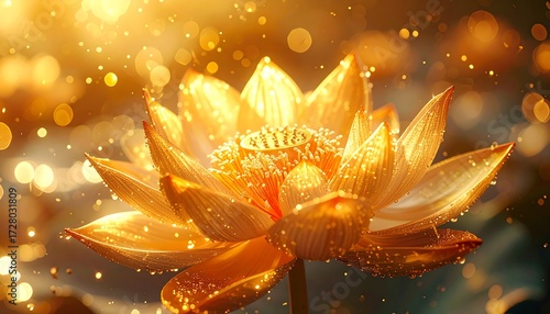 A close-up of a luminous, golden lotus flower with shimmering bokeh effect, water droplets, and a warm glow, set against a soft, blurred background