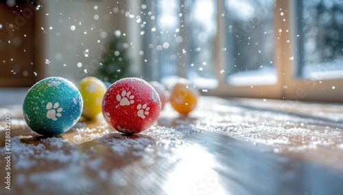 Colorful balls with paw prints, snow, indoor