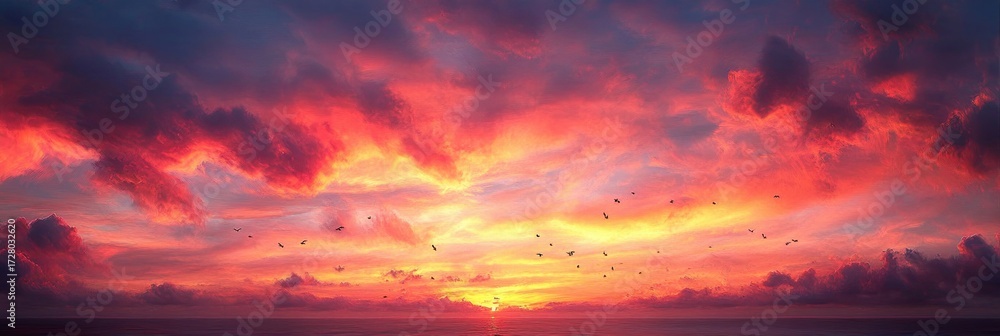 Naklejka premium Vibrant sunset over the ocean with dramatic red and orange clouds and birds flying across the colorful sky