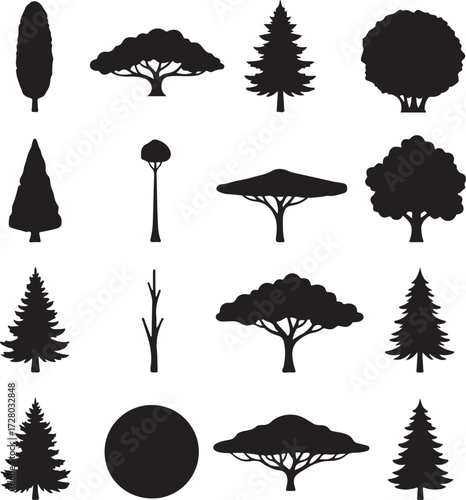 Silhouettes of arboreal essence: A collection of diverse tree silhouettes, capturing the essence of arboreal elegance, perfect for artistic and design endeavors.