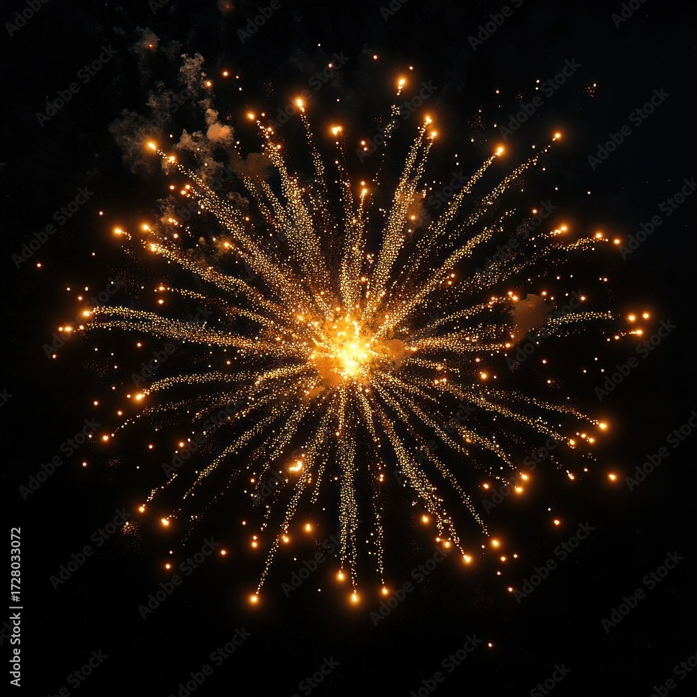 Obraz premium Bright golden fireworks explosion lighting up the night sky with sparkling trails and glowing particles