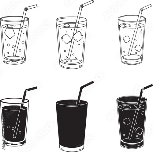 Six hand drawn illustrations of refreshing drinks with ice and straws