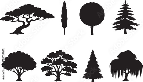 Silhouette of Variety: A collection of various tree silhouettes, showcasing the diverse forms and shapes found in nature's arboreal world. 
