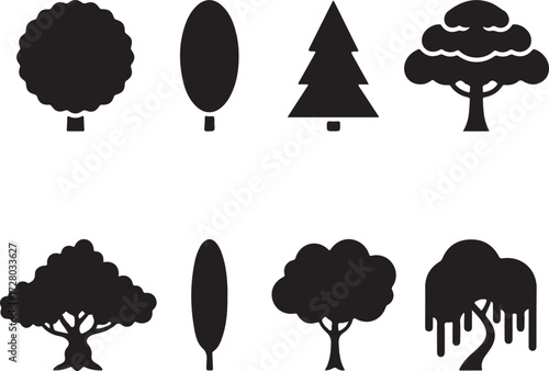 Diverse Tree Silhouettes: A visually captivating composition of eight distinct tree silhouettes. Representing a rich diversity of forms, highlighting variations in crown shapes, textures, and sizes.