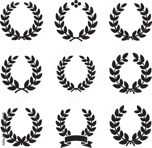 Laurel Wreaths Collection: An assortment of laurel wreaths in various styles, offering a versatile collection of the timeless symbol of honor, achievement, and victory, rendered in a sleek silhouette.