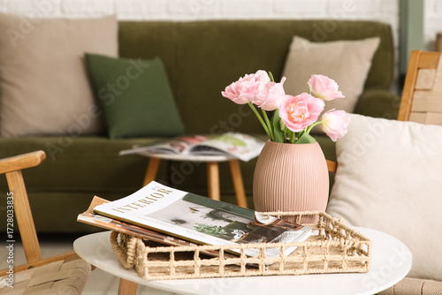 Wicker tray with vase of be...