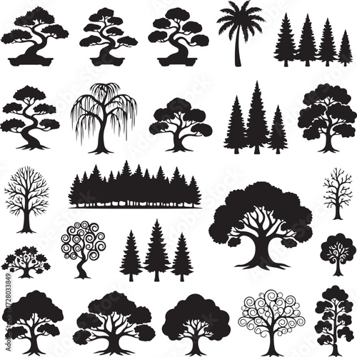 Various Tree Silhouettes : A collection of detailed tree silhouettes, showcasing a variety of tree species and forms, perfect for design assets, illustrations, and natural-themed projects.