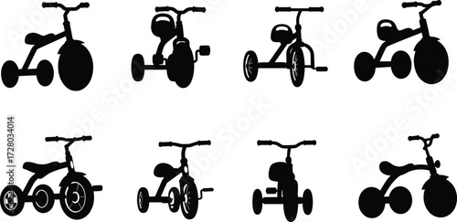 Tricycle silhouette, kids tricycle, children toy bike, vintage trike, toddler riding, retro design, classic cycle, childhood activity, toy transportation, illustration