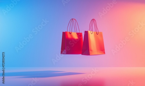 Floating shopping bags in vibrant neon light