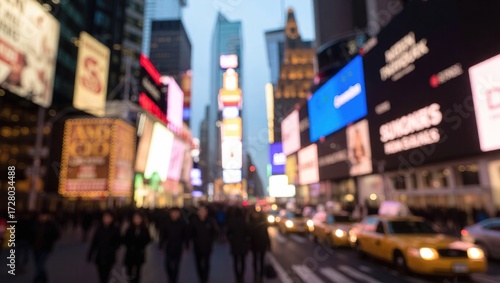 Blurry Times Square Scene with Glowing Billboards and Yellow Cab