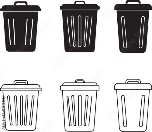 Collection of black and white trash can icons with different styles