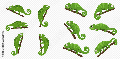 A collection of cartoon green chameleons in different poses, clinging to brown branches against a transparent background.
