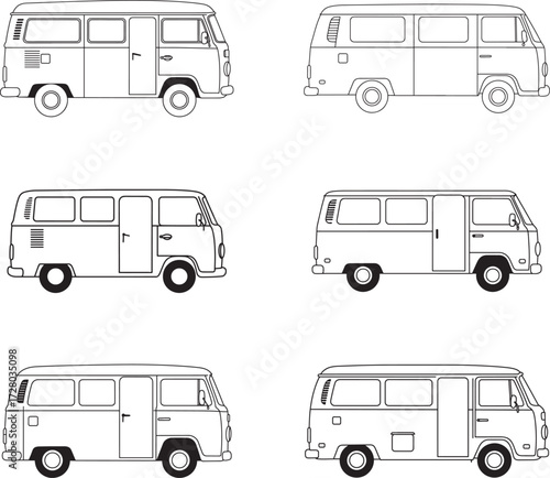 Collection of hand drawn outline illustrations of classic camper vans