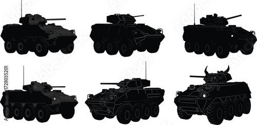 Military armored vehicle silhouettes, combat transport illustration, war defense artwork, modern battle machine graphic, army weapon design, tactical armored transportMilitary armored vehicle 