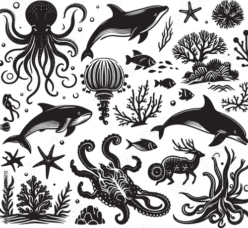 sea animal black silhouette art transparent background design stock photos premium quality