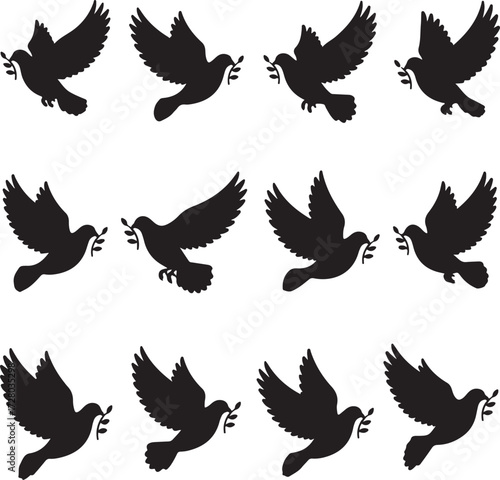 Doves in Silhouette:  A collection of doves, each carrying an olive branch, soars gracefully in a minimalist design, representing peace, serenity, and hope in its purest form. 