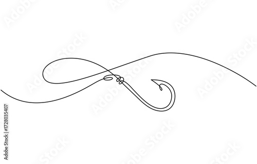 Continuous one line drawing fishing hook, single line fishing equipment, concept, minimalist pro vector illustration, on transparent background.