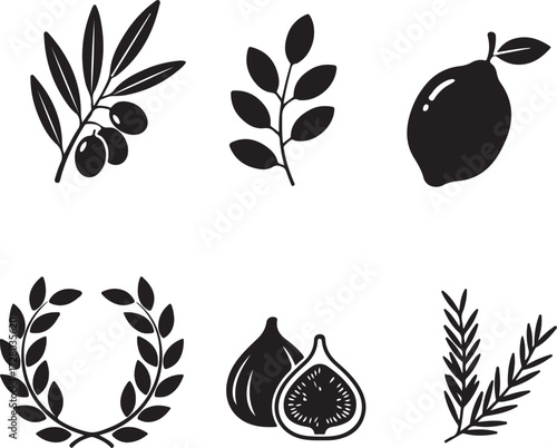Fresh Nature Elements: A collection of fresh, organic botanical illustrations, including olive branches, leaves, lemon, bay laurel, fig and Rosemary