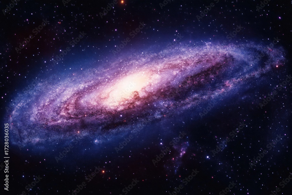 Obraz premium Vast spiral galaxy glowing with bright core surrounded by purple and blue cosmic dust and numerous stars in deep space